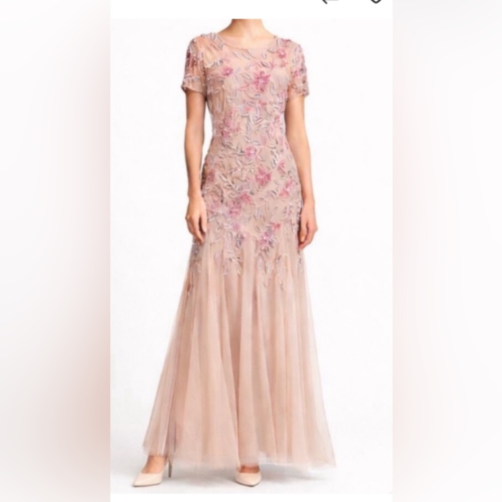 Adrianna Papell Sz 10, floor length, short sleeve, rose gown with sequins, beads